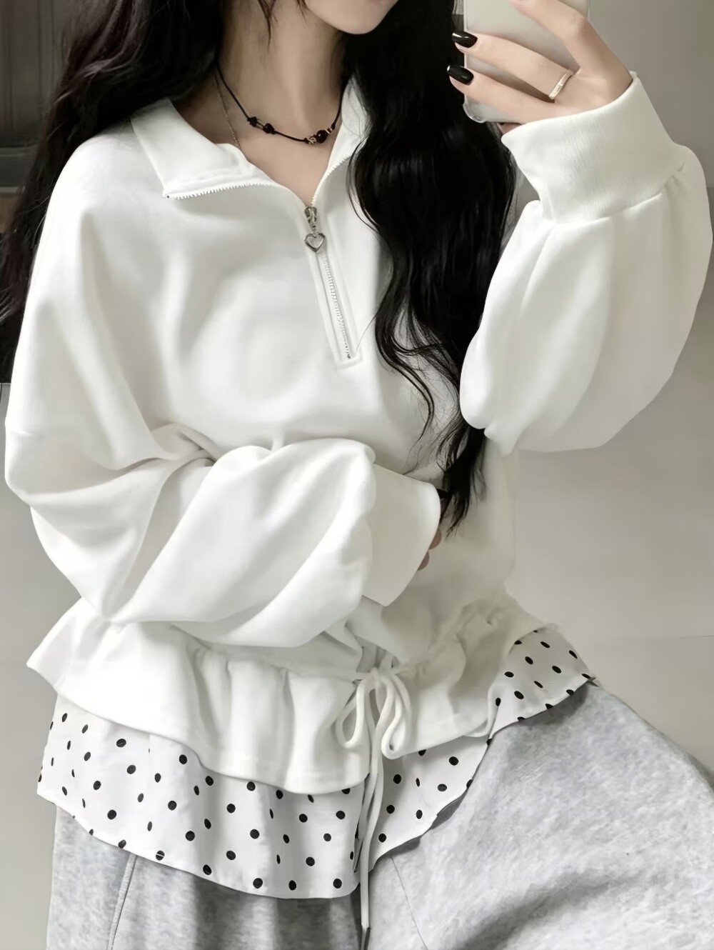 Gift Stand-Up Half-Zip Ruffled Polka Dot Patchwork Sweatshirt Preppy Style Loose